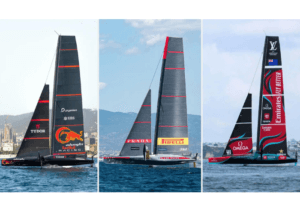 Zoek de verschillen. VLNR: Alinghi Red Bull Racing, Luna Rossa Prada Pirelli en Titelverdediger Emirates Team New Zealand. Beeld: America’s Cup.